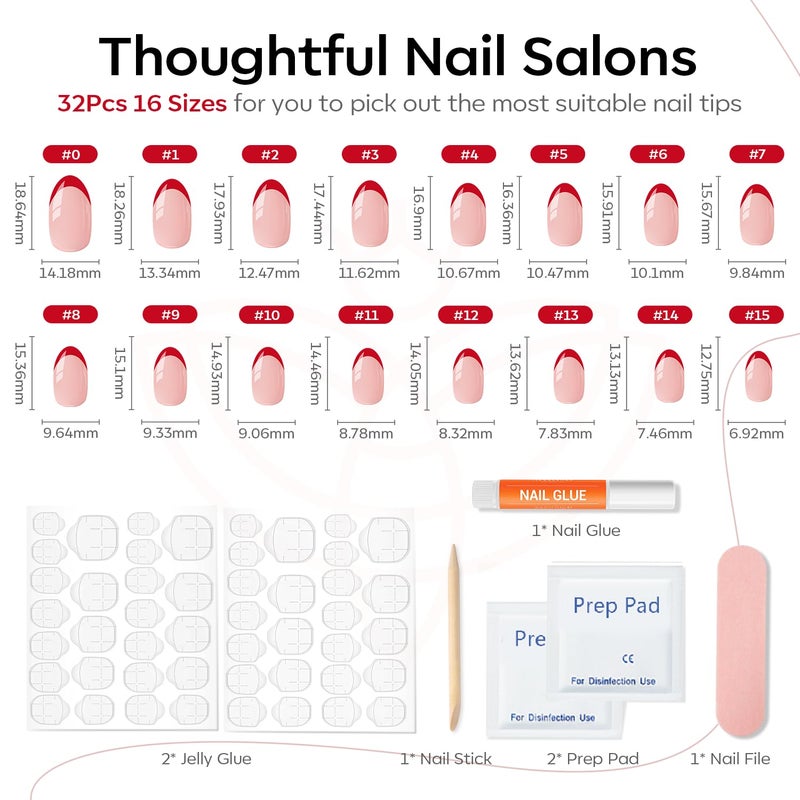 modelones Red French Tip Press on Nails Short, Valentines Oval Fake Nails, Reusable Nail Kit with Nail Glue Adhesive Tabs Mini Nail File, Nails Press Ons 32Pcs 16Sizes, Women Girl Gift - Image 5